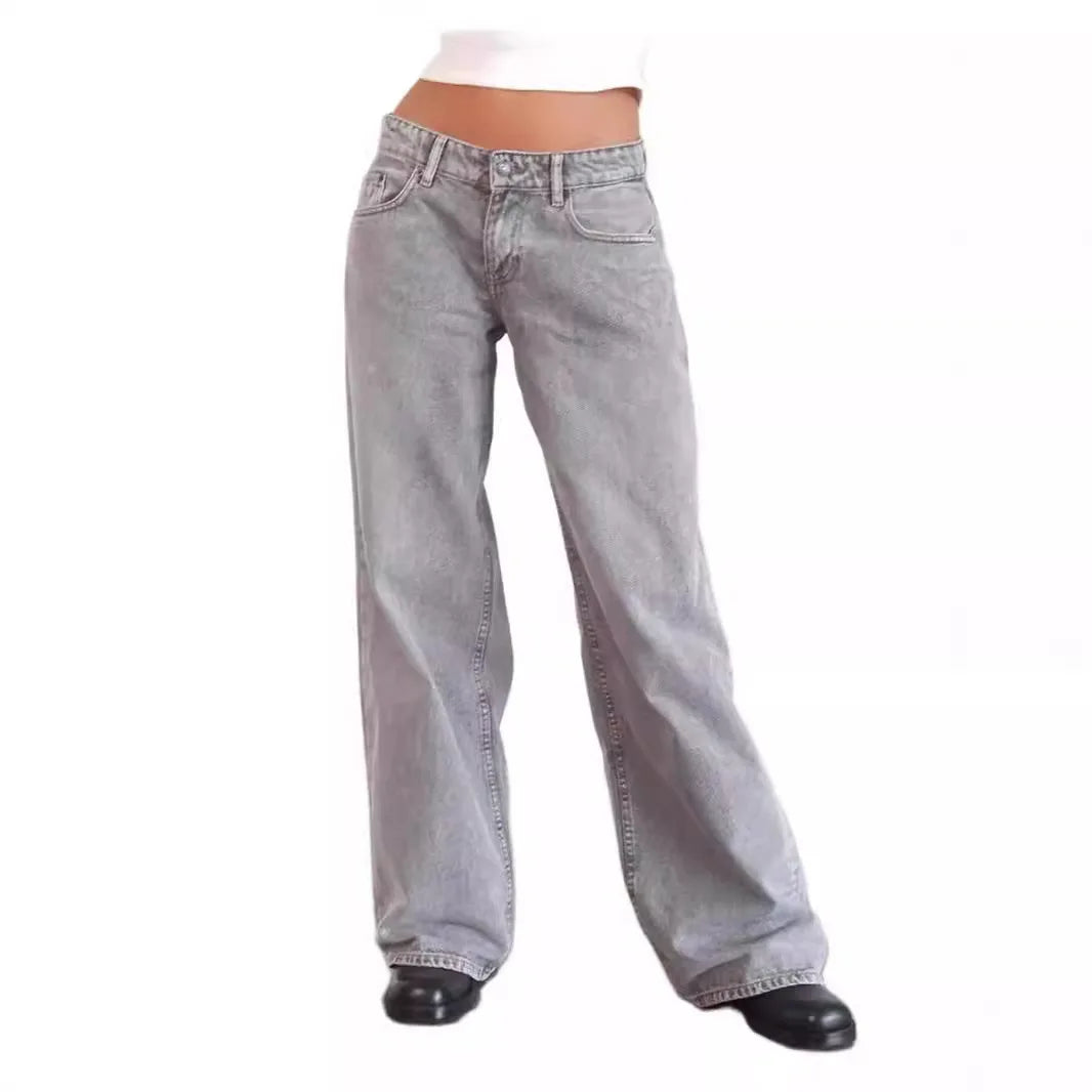 Retro Amerikanische Low-Waist Jeans ohne Stretch, Gerades Bein, Damen-Herbstmode, Weites Bein, Frischer Süßer Stil, Baumwolle So ist Leben