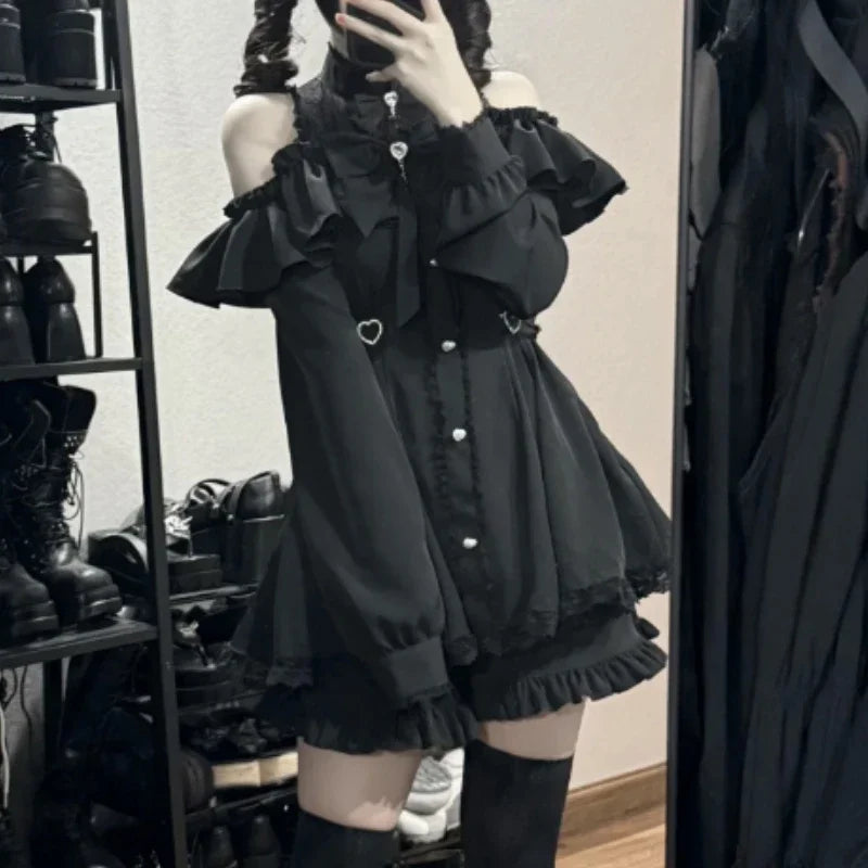 Gothic Lolita Zweiteiler Damen – Modernes A‑Linien Set - So ist Leben