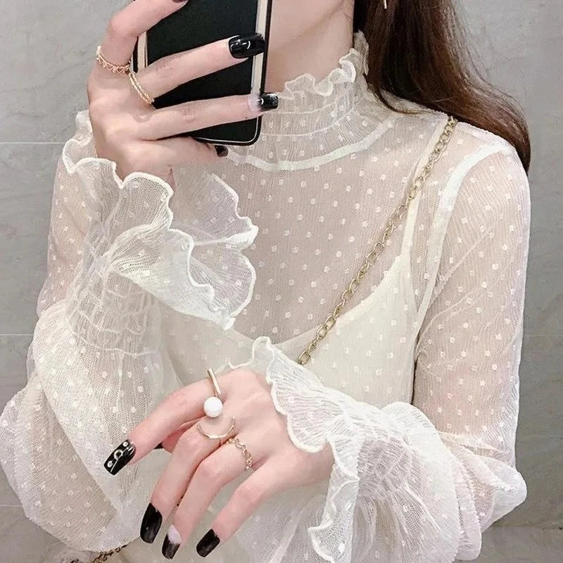 Frauen Sexy Mesh Durchsichtig T-shirt Lange Glocke Hülse Aushöhlen Bluse Sommer Transparent Sheer High Neck Bodenbildung Basic Tee - So ist Leben