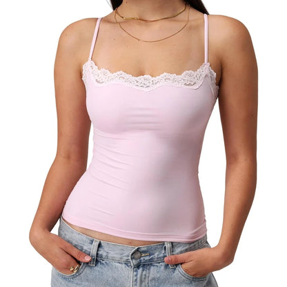 Fairy Coquette Spitzenbesatz Slim Fit Camis Damen Y2k Crop Tops Damen Sommer ärmelloses Spaghettiträger Tank Top einfarbige Weste So ist Leben