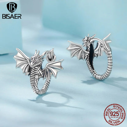 BISAER Echt 925 Sterling Silber Fliegender Drache Creolen Retro 3D Drachen Ohr Haken für Punk Hip Hop Frauen Party Edlen schmuck So ist Leben