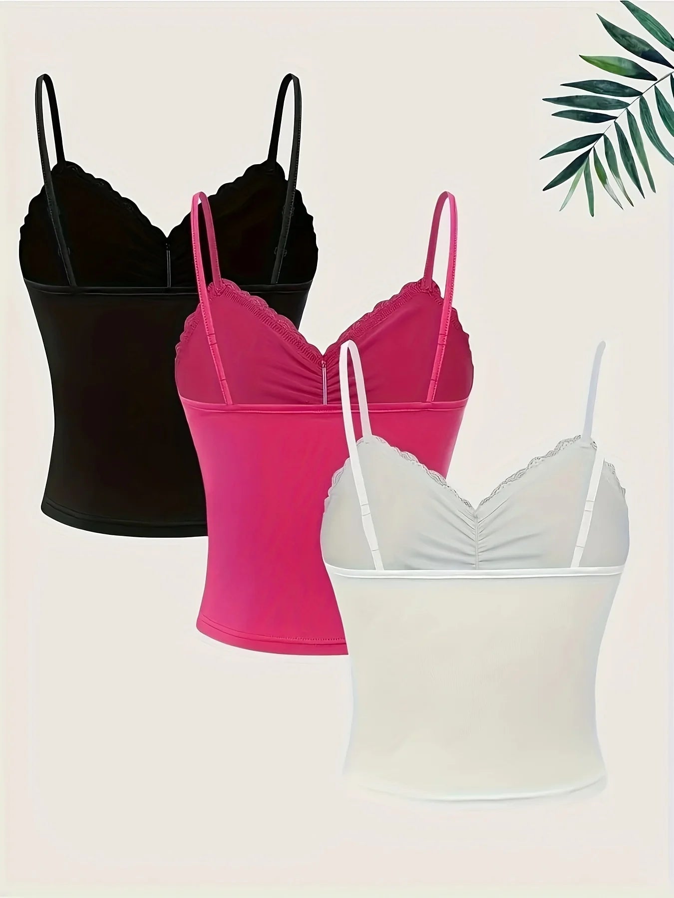 3-teiliges Damen-Set: Elegantes Cami-Top mit Spitzenbesatz, V-Ausschnitt, geraffter Vorderseite, Spaghettiträgern, schmal geschnitten, einfarbig, weich, dehnbar, Basic-Camisole So ist Leben