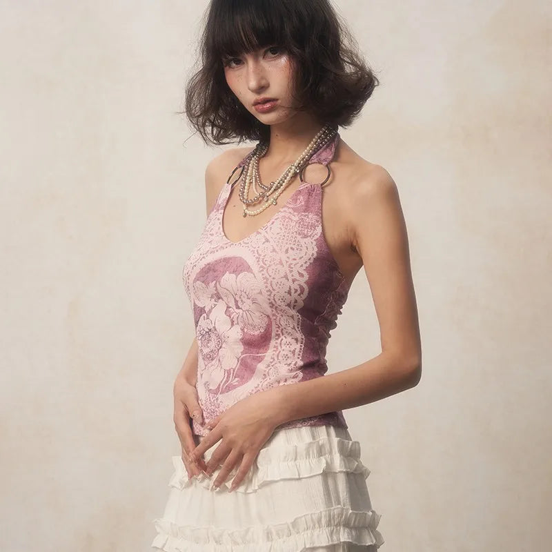 Karrcat japanische y2k Neck holder Tops Grunge Ästhetik lila Tank Top Vintage Harajuku Blumen druck Leibchen rücken frei 2000s Retro - So ist Leben