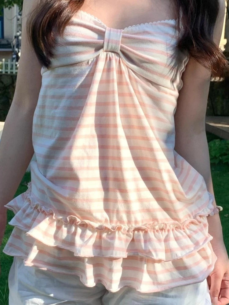 Deeptown Japanische Süße Camis Frauen Kawaii Gestreifte Rosa Schleife Ärmellose Weste Coquette Mode Niedlichen Sommer Slim Up Rüschen Tanks So ist Leben