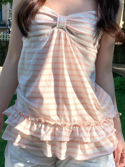 Deeptown Japanische Süße Camis Frauen Kawaii Gestreifte Rosa Schleife Ärmellose Weste Coquette Mode Niedlichen Sommer Slim Up Rüschen Tanks So ist Leben