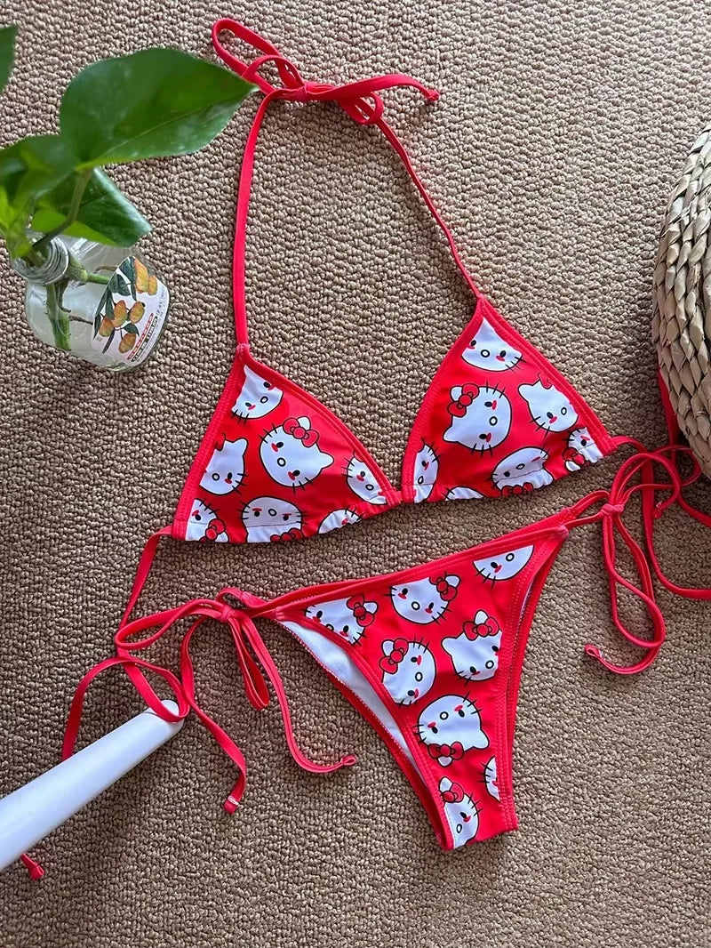Sanrio Hello Kitty Kawaii Bikinis Set Niedlicher Cartoon Anime Sommer Strand Weiche Seite Riemchenhöschen Kawaii Badeanzug Sexy Bikini Y2k So ist Leben