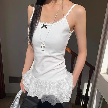 Frauen Patchwork Spitze Weiß Hosenträger Weste Trim Bottom Saum Schicht Dünne Halter Tops Rüschen Rand Haut-freundliche Atmungsaktive Weste So ist Leben