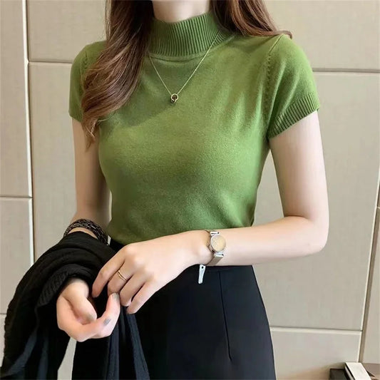 Frauen Frühling Sommer Gestrickte Pullover Pullover Dame Casual Rollkragen Einfarbig Kurzarm Bluse Pullover So ist Leben