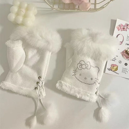Sanrio Hello Kitty Leder-Halbfinger-Handschuhe aus Kaninchenfell, warme Winter- und süße Handschuhe, die kältebeständige Handschuhe schreiben So ist Leben