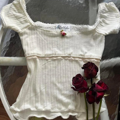 Süßes, mädchenhaftes, kurzärmliges, kurzes Oberteil für Damen, Sommer, einfarbig, quadratischer Ausschnitt, Basic-T-Shirt für Party, Streetwear So ist Leben