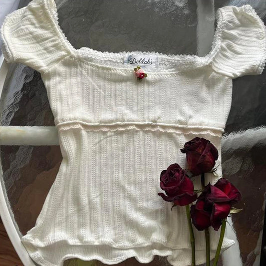 Süßes, mädchenhaftes, kurzärmliges, kurzes Oberteil für Damen, Sommer, einfarbig, quadratischer Ausschnitt, Basic-T-Shirt für Party, Streetwear So ist Leben