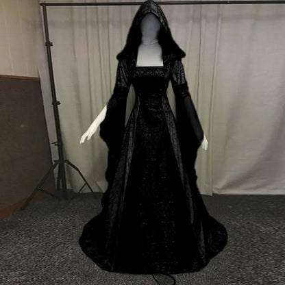 Frauen Deluxe Hexen kleid mittelalter liche Renaissance Maxi Zug Kleid Halloween Teufel heid nische Hexe Hochzeit cos Kostüm Kapuzen kleid Robe So ist Leben