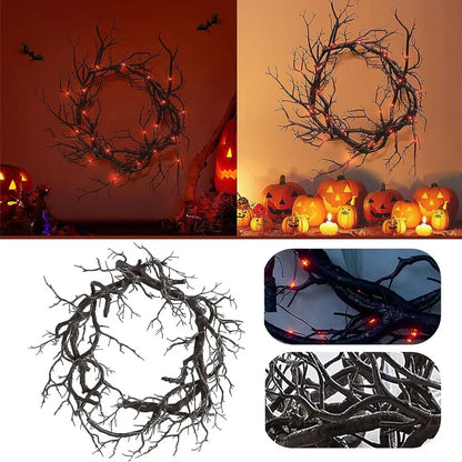 Kranz-Dekoration für Haustür, LED-Leuchten, glitzernd, schwarzer Zweig, Halloween-Dekorationen, gruseliges Zuhause, drinnen und draußen, Party-Dekoration So ist Leben