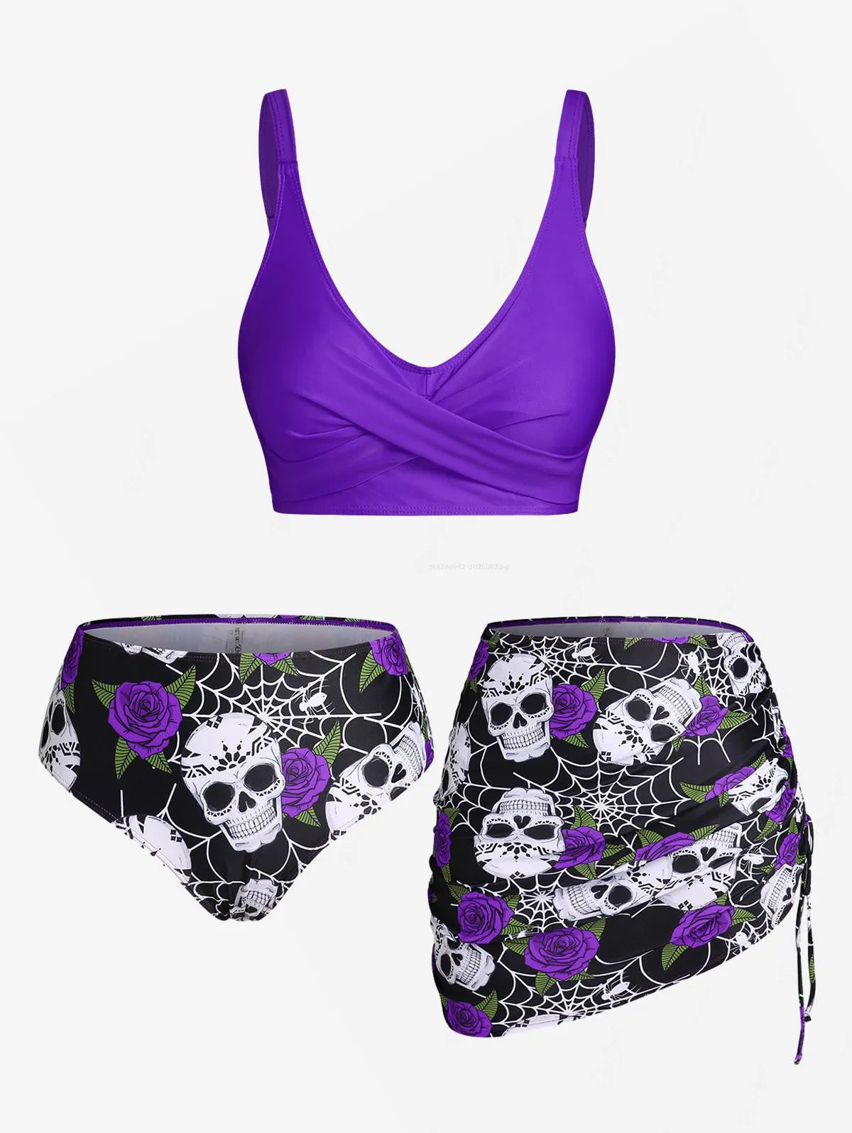 ROSEGAL Plus Size Damen Plus Size & Curve Skull Rose Print Crossover Dreiteilige Bikini-Badeanzüge So ist Leben