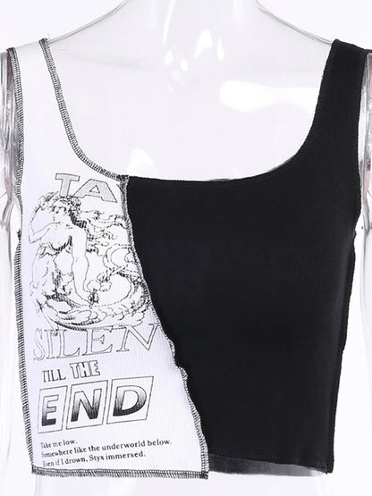 Punk Stil Patchwork Tank Tops Ästhetischen Brief Und Grafik Druck Frauen Crop Top Farbe Blockieren Ärmellose Streetwear So ist Leben