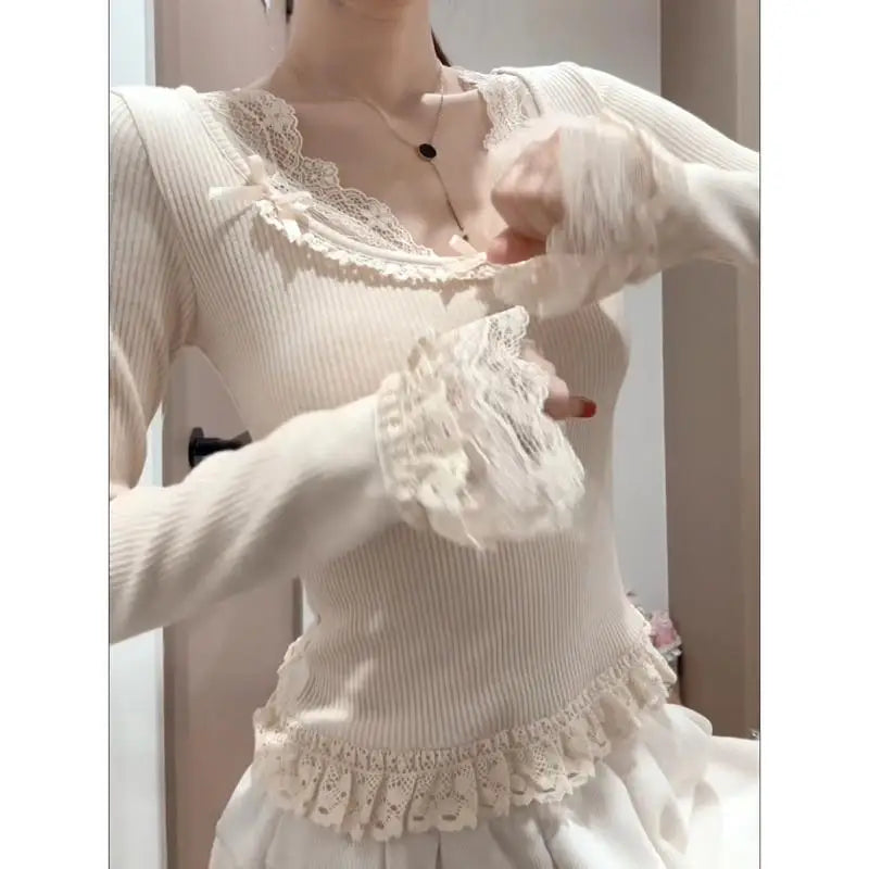 Herbst Französisch Elegante Sexy Coquette Tops frauen Y2k Elegante Streetwear T Shirt Bogen Spitze Patchwork Schlank Süße Tees So ist Leben