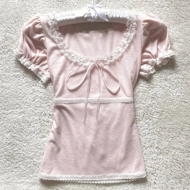 Deeptown Coquette Süße T-shirts Frauen Rosa Kawaii Bogen Elegante Kurzarm T-shirts Koreanische Mode Spitze Patchwork Dünne T-Shirts So ist Leben