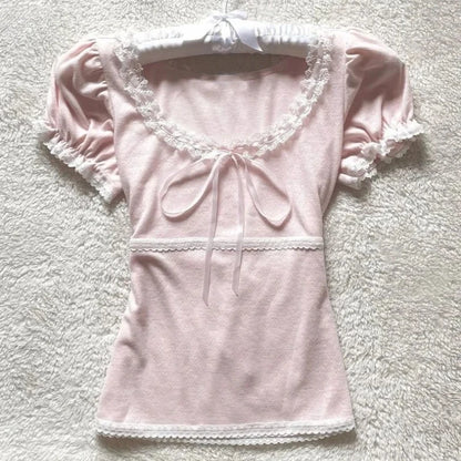 Deeptown Coquette Süße T-shirts Frauen Rosa Kawaii Bogen Elegante Kurzarm T-shirts Koreanische Mode Spitze Patchwork Dünne T-Shirts So ist Leben