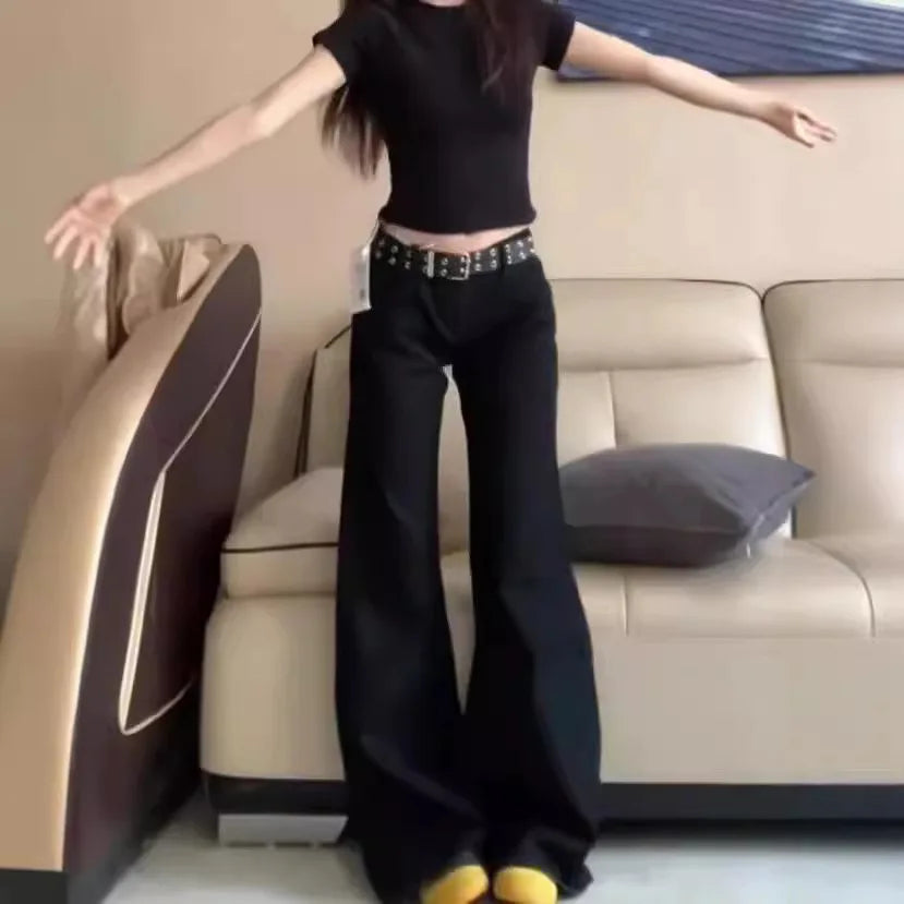 Schwarze Low-Waist-Schlagjeans aus Denim – Trendige, lockere Retro-Hose mit weitem Bein und Bodenlänge für den sexy Street-Style So ist Leben