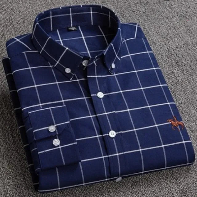 Lässiges Herrenhemd aus reiner Baumwolle, Oxford, langärmelig, Stickerei, Pferde-Design, reguläre Passform, modisches Knopf-Mann-Hemd in Weiß So ist Leben