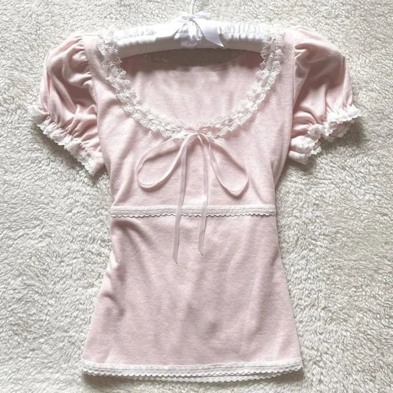 Deeptown Coquette Süße T-shirts Frauen Rosa Kawaii Bogen Elegante Kurzarm T-shirts Koreanische Mode Spitze Patchwork Dünne T-Shirts So ist Leben