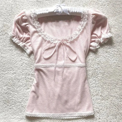 Deeptown Coquette Süße T-shirts Frauen Rosa Kawaii Bogen Elegante Kurzarm T-shirts Koreanische Mode Spitze Patchwork Dünne T-Shirts So ist Leben