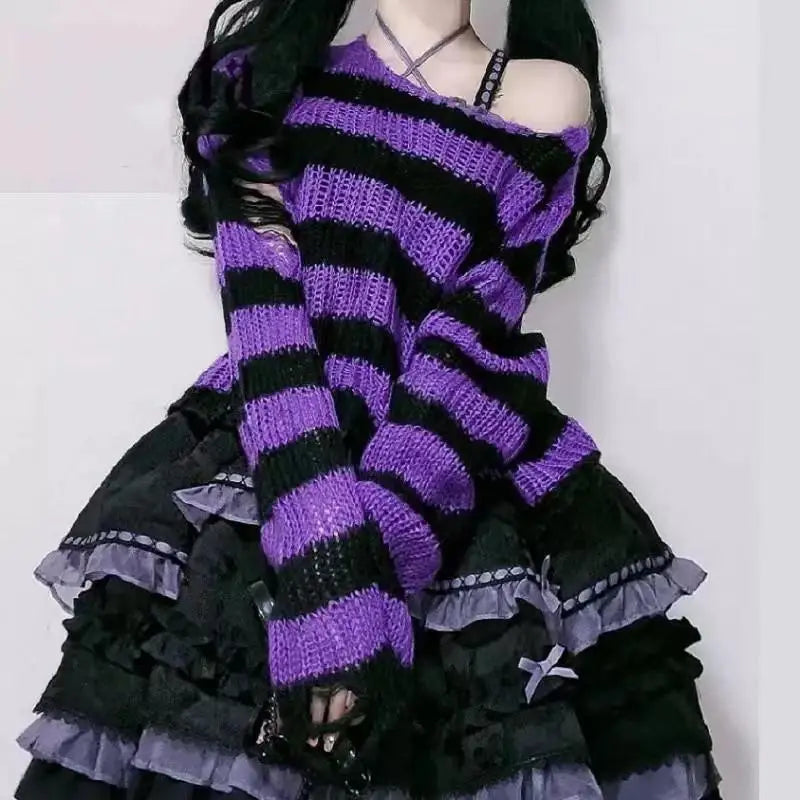 Karrram Rosa Gestreifte Gothic Pullover Frauen Zerrissene Löcher Lose Gestrickte Pullover Ausgefranste Fee Grunge Jumper Emo Streetwear Lolita So ist Leben