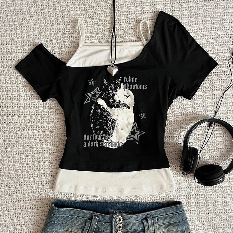 Asthetische Goth Fledermaus Brief Y2K Stil zweitelige T-Shirt Kurzarm Weste Harajuku Streetwear Hosenträger Frauen Kleidung Shirt So ist Leben