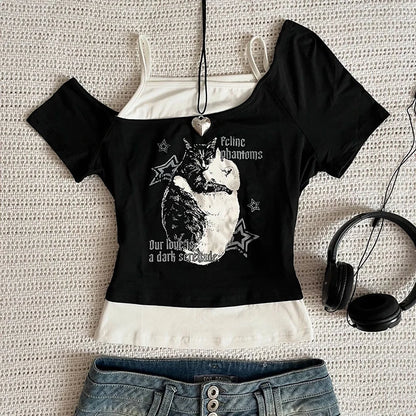 Asthetische Goth Fledermaus Brief Y2K Stil zweitelige T-Shirt Kurzarm Weste Harajuku Streetwear Hosenträger Frauen Kleidung Shirt So ist Leben