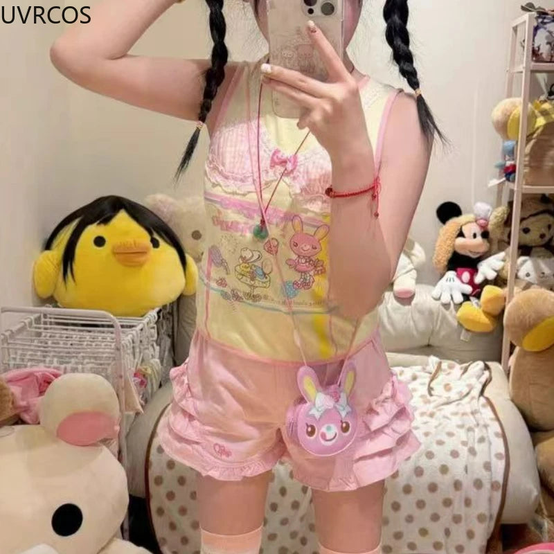 Rosa süße Lolita-Stil Shorts Frauen Sommer Kawaii elastische Taille Rüschen Schleife kurze Hosen Mädchen japanische Y2k ästhetische süße Shorts - So ist Leben