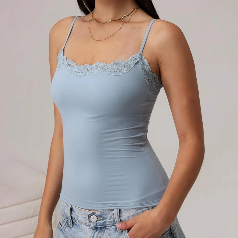 Fairy Coquette Spitzenbesatz Slim Fit Camis Damen Y2k Crop Tops Damen Sommer ärmelloses Spaghettiträger Tank Top einfarbige Weste So ist Leben
