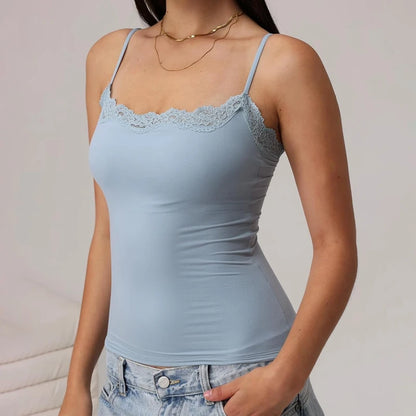 Fairy Coquette Spitzenbesatz Slim Fit Camis Damen Y2k Crop Tops Damen Sommer ärmelloses Spaghettiträger Tank Top einfarbige Weste So ist Leben