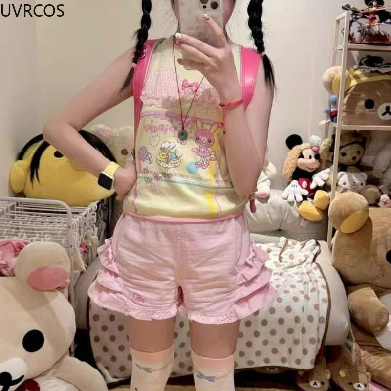 Rosa süße Lolita-Stil Shorts Frauen Sommer Kawaii elastische Taille Rüschen Schleife kurze Hosen Mädchen japanische Y2k ästhetische süße Shorts - So ist Leben
