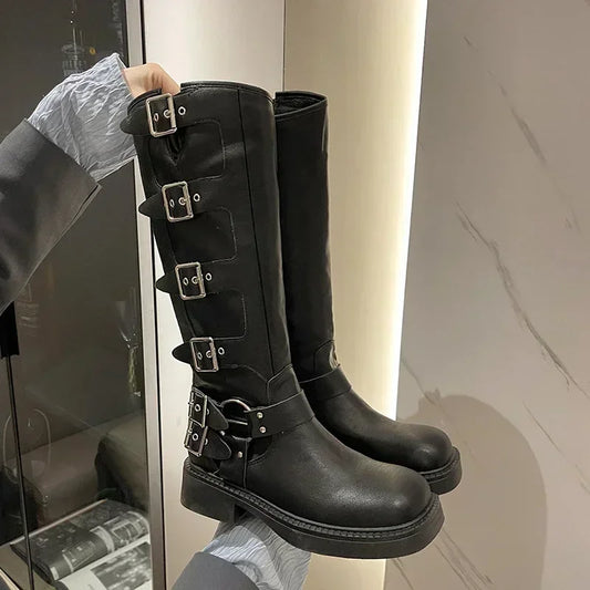Frau Stiefel Kniehohe Plattform Elegante Niedrigen Absatz Trend Punk Gothic New Rock Leder Mode frauen Schuhe Motorrad Schuhe So ist Leben
