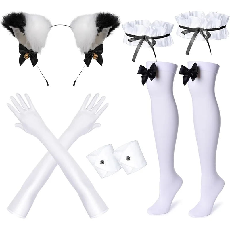 Anime Französisch Maid Schürze Lolita Kostüm Cosplay Kostüm Pelzigen Katze Ohr Handschuhe Socken Halloween Karneval Party So ist Leben