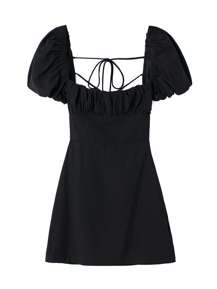Frauen weiße Mode Leinen mischung Kleid weibliche quadratische Hals kurze Puff ärmel rücken freie Crossover-Träger Kleid für Frauen So ist Leben