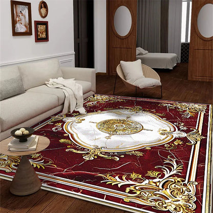 Wohnzimmer mit großem Teppich im roten Design im europäischen Stil - So ist Leben