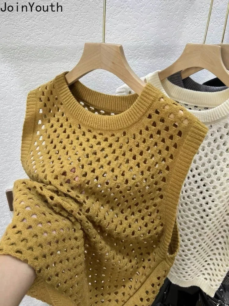 Vintage Stricken Pullover Weste frauen Kleidung Oansatz Ärmel Lose Tanks Aushöhlen Casual Chic Crop Tops 2025, Ropa Mujer So ist Leben