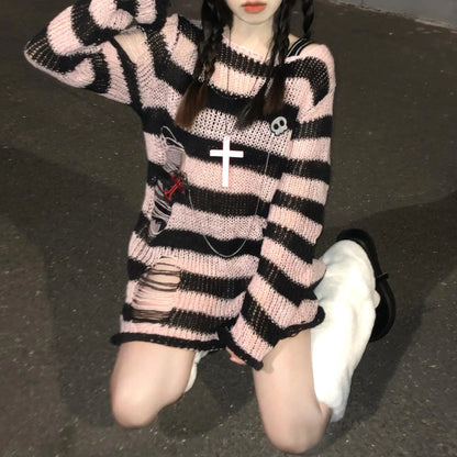 Karrram Rosa Gestreifte Gothic Pullover Frauen Zerrissene Löcher Lose Gestrickte Pullover Ausgefranste Fee Grunge Jumper Emo Streetwear Lolita So ist Leben