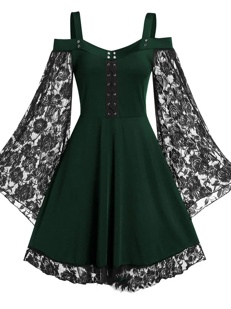 2022 neue Gothic Eine-schulter Spitze Nähte Ausgestellte Ärmel Kleid Literarischen Vintage Herbst Grunge Schwarz A-line Kleid Punk Party So ist Leben