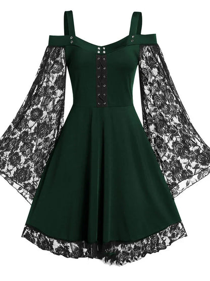 2022 neue Gothic Eine-schulter Spitze Nähte Ausgestellte Ärmel Kleid Literarischen Vintage Herbst Grunge Schwarz A-line Kleid Punk Party So ist Leben