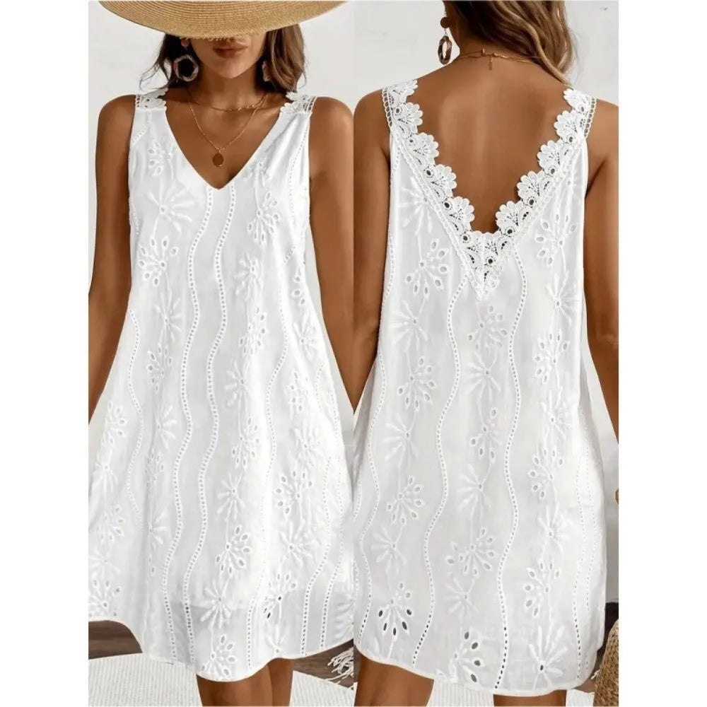 Strandkleid mit Stickerei, V-Ausschnitt und Spitze, Rückenausschnitt, Locker Geschnittener Sommer-Freizeitrock, A-Linie, Ärmellos, Midikleid für Strandurlaub So ist Leben