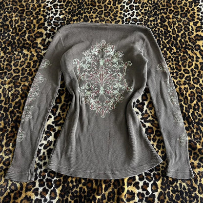 Y2k ästhetische Slim Fit Crop Tops Cyber Grunge Kleidung Grafik Tops Vintage V-Ausschnitt Langarm T-Shirt Herbst Frühling Streetwear So ist Leben
