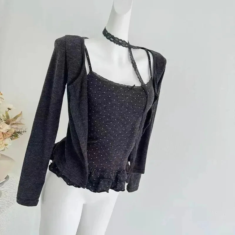 Herbst Französisch Elegante Sexy Coquette Tops frauen Y2k Elegante Streetwear T Shirt Bogen Spitze Patchwork Schlank Süße Tees So ist Leben