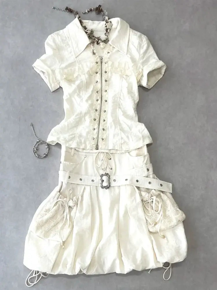 Punk Kleider 2 Stück Harajuku Gyaru Streetwear Reißverschluss Shirt Kurzarm Polo Neck Mode Y2k Minirock Vintage 2000er Jahre Kleid So ist Leben