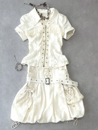 Punk Kleider 2 Stück Harajuku Gyaru Streetwear Reißverschluss Shirt Kurzarm Polo Neck Mode Y2k Minirock Vintage 2000er Jahre Kleid So ist Leben