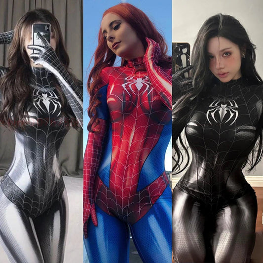 Sexy schwarze Katze Superheld Cosplay Kostüm für Spinne Frauen Halloween Kostüm Weihnachten eng 3D-Druck Jumpuit Bodysuit Mädchen So ist Leben
