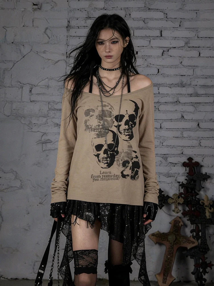 Amerikanischen Vintage Print T-shirt Frauen Ästhetischen Punk Design Langarm Gothic Y2k Tops Subkultur Casual Retro Harajuku Tees So ist Leben