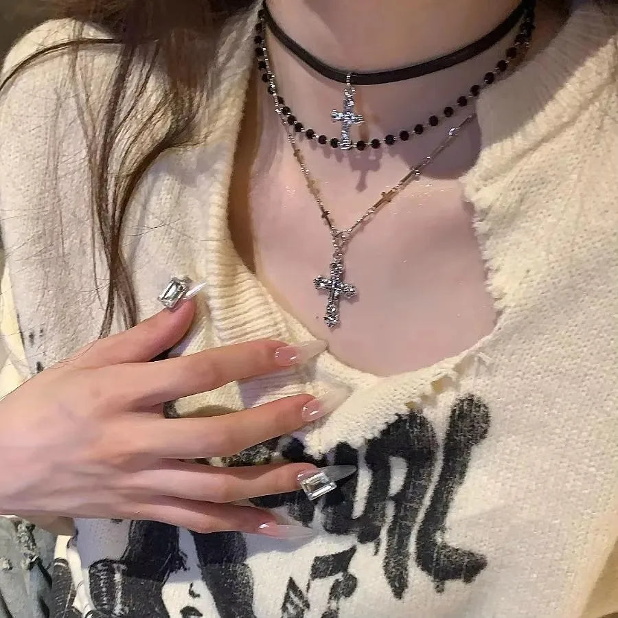 Gothic Y2K Metall Kreuz Anhänger Multi Layer Perlen Halskette Für Frauen Männer Vintage Punk Grunge EMO Charme Schmuck Zubehör Geschenk So ist Leben