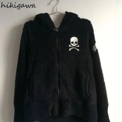 Harajuku Übergroße Jacken frauen Kleidung Y2k Tops Streetwear BF Lamm Wolle Mit Kapuze Jacke Warme Schädel Zipper Casual Chic Mäntel So ist Leben